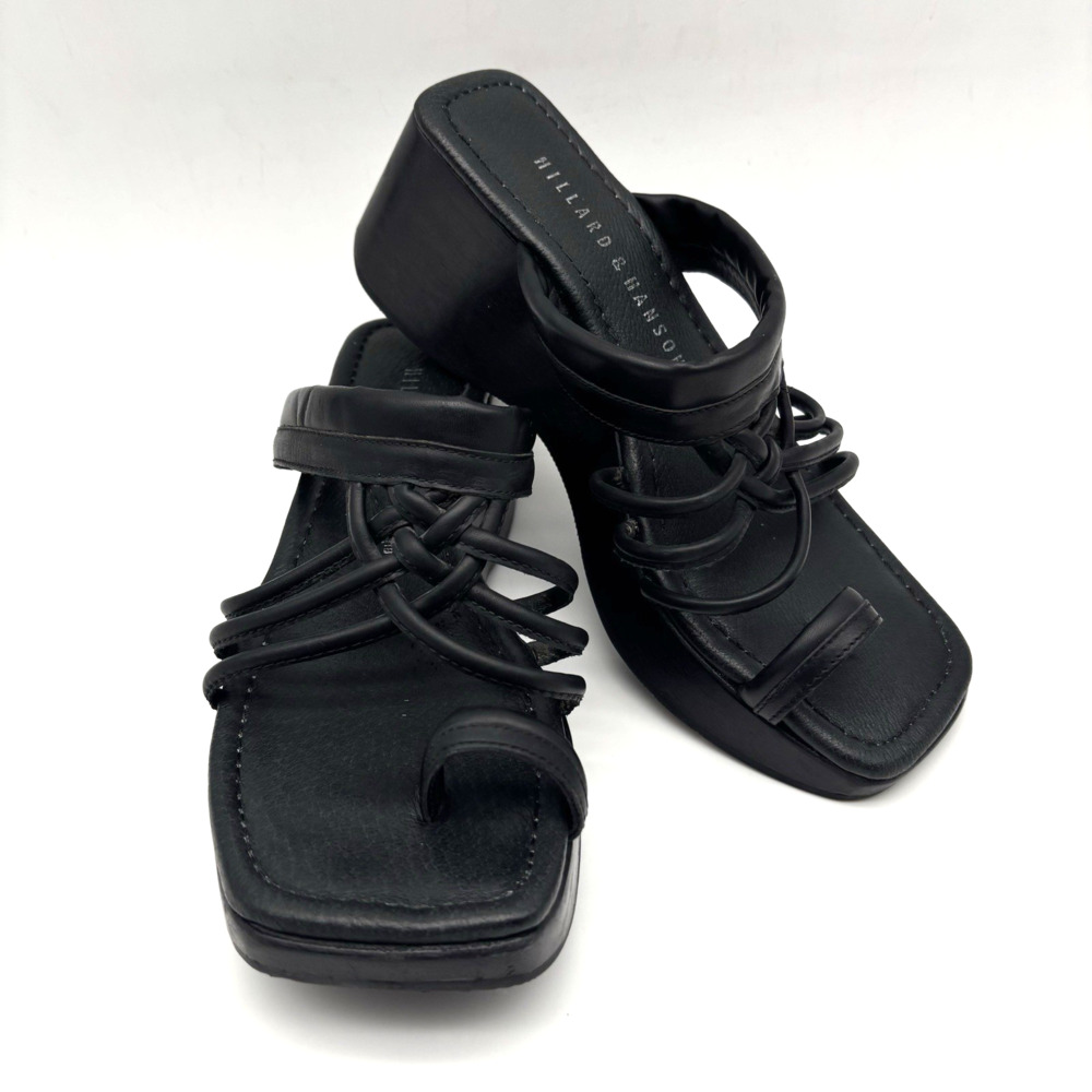 Vintage 90s Y2K Hillard & Hanson PLY Black Leather Wooden Platform Sandals 7.5M